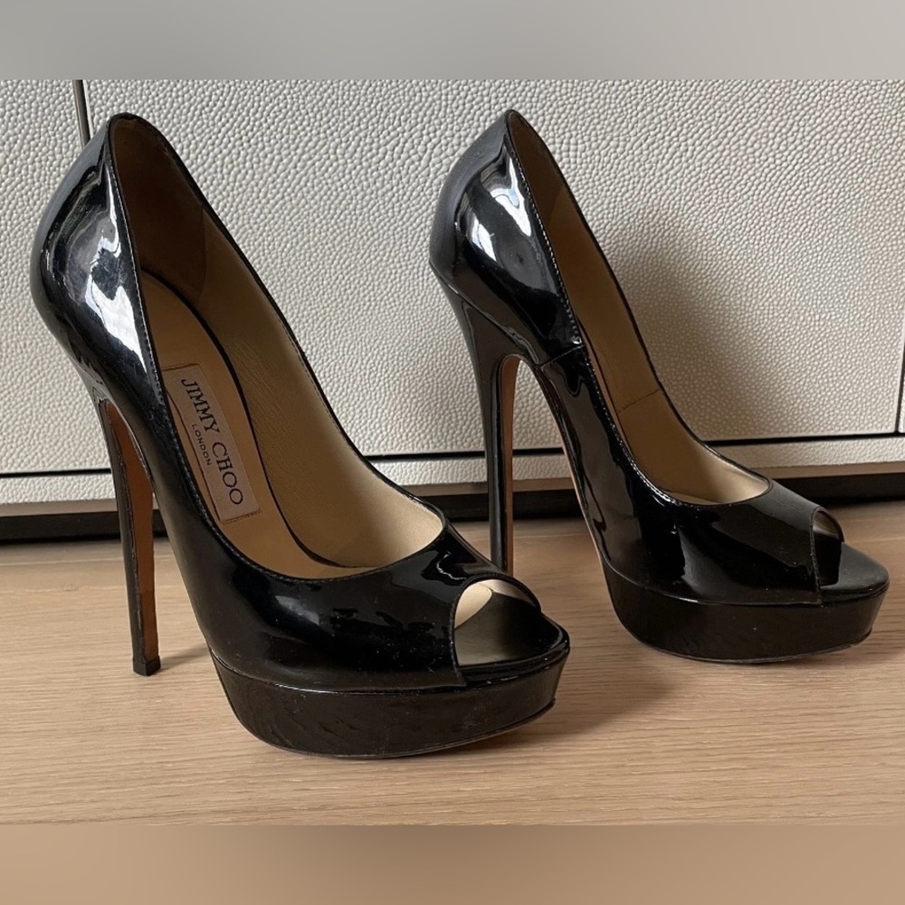 Jimmy Choo VIBE Black, Patent Leather, Peep Toe, Platform, High Heel Pump 37/7